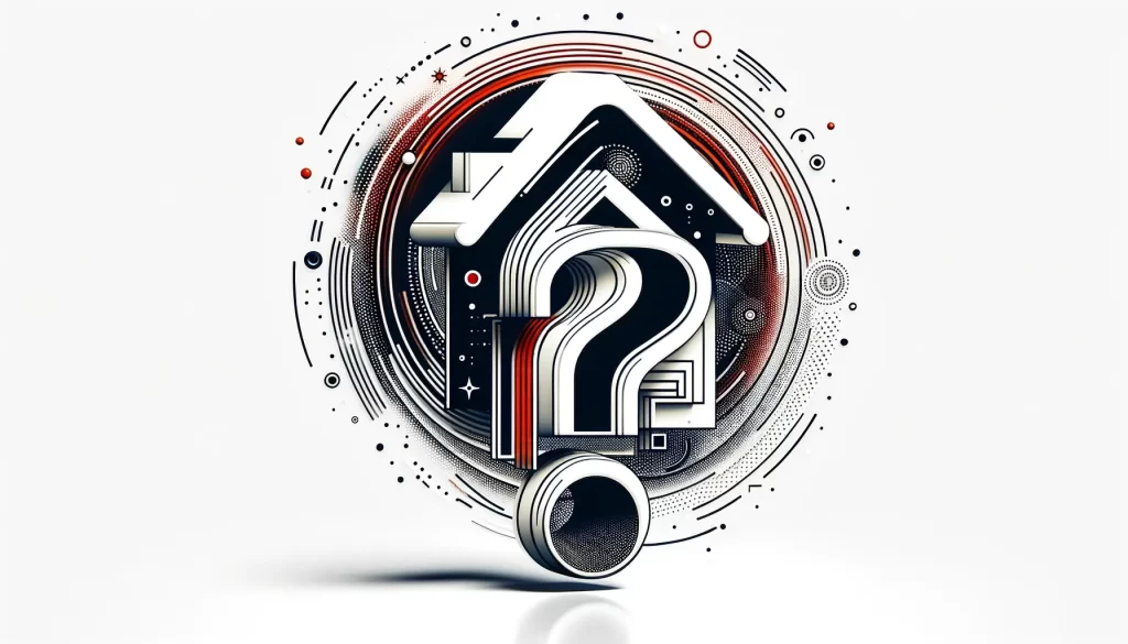 Abstract representation of real estate FAQ and blog with a house and question mark in white, black, and red