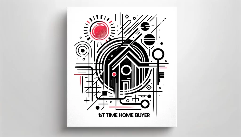 Abstract design on a white canvas featuring black lines and geometric shapes with red highlights, symbolizing the journey of a first-time home buyer, guided by a Twin Falls Realtor, emphasizing new beginnings and the excitement of homeownership.