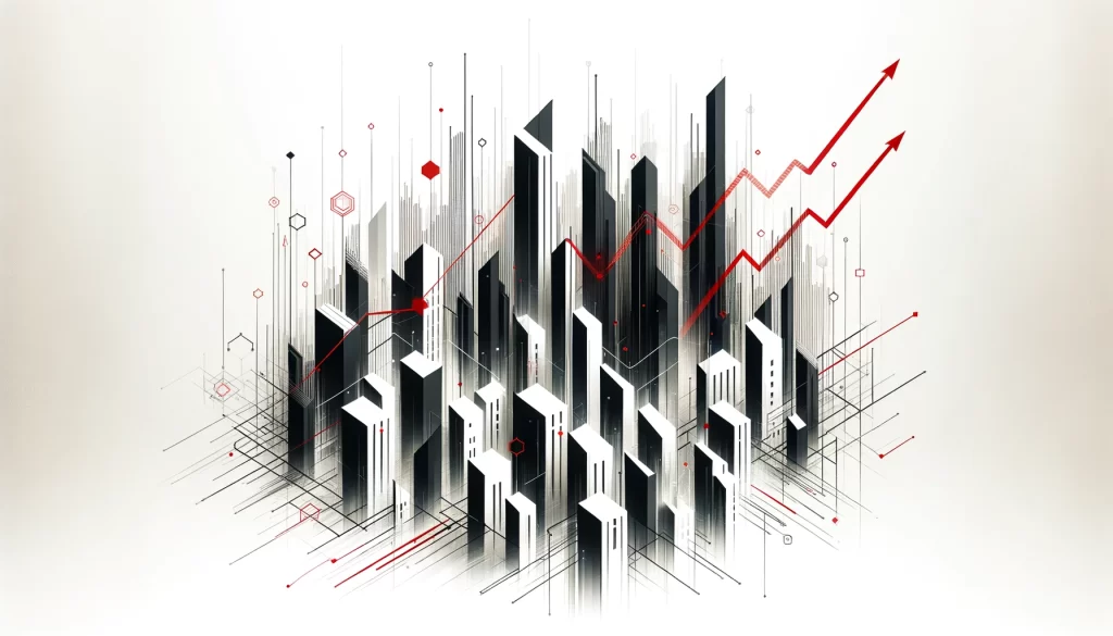 Abstract artwork for a Twin Falls Realtor, depicting a white background with bold black geometric shapes symbolizing buildings in a brokerage, accented with red highlights and upward trend lines representing real estate investment.
