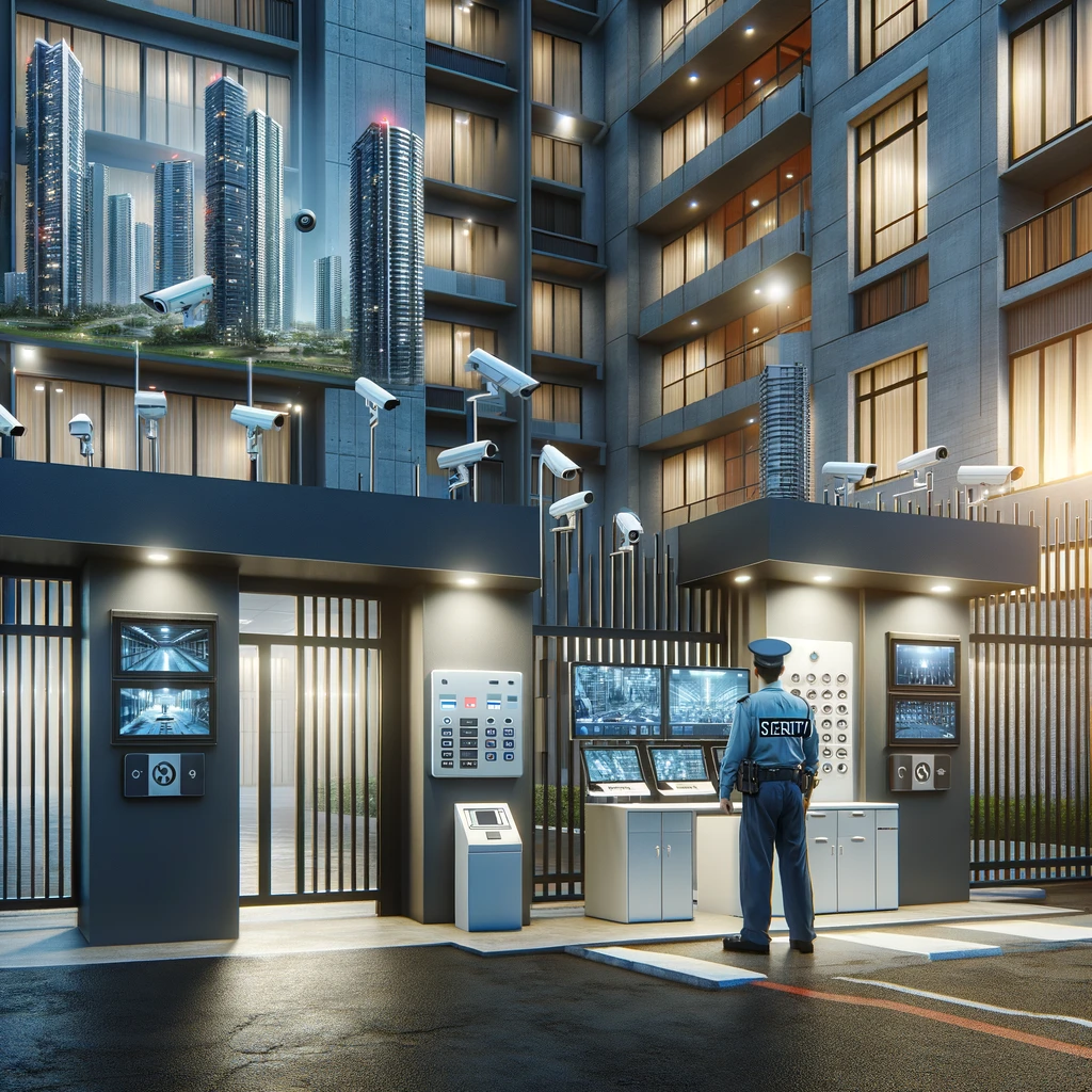 Advanced security gate with keypad access, surveillance cameras, and security guard station at condo entrance providing enhanced security for Condo residents.
