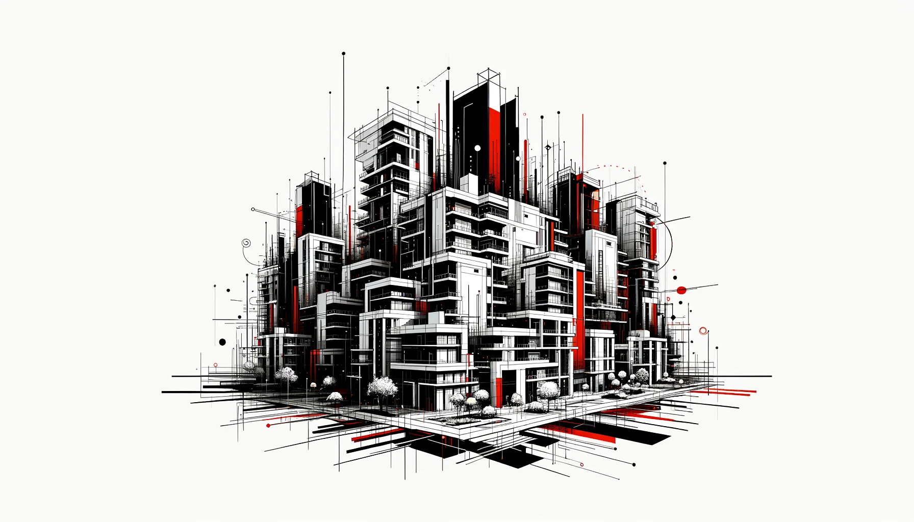Abstract illustration of 'Condos For Sale', a stylized architectural complex with monochromatic buildings accented in red.