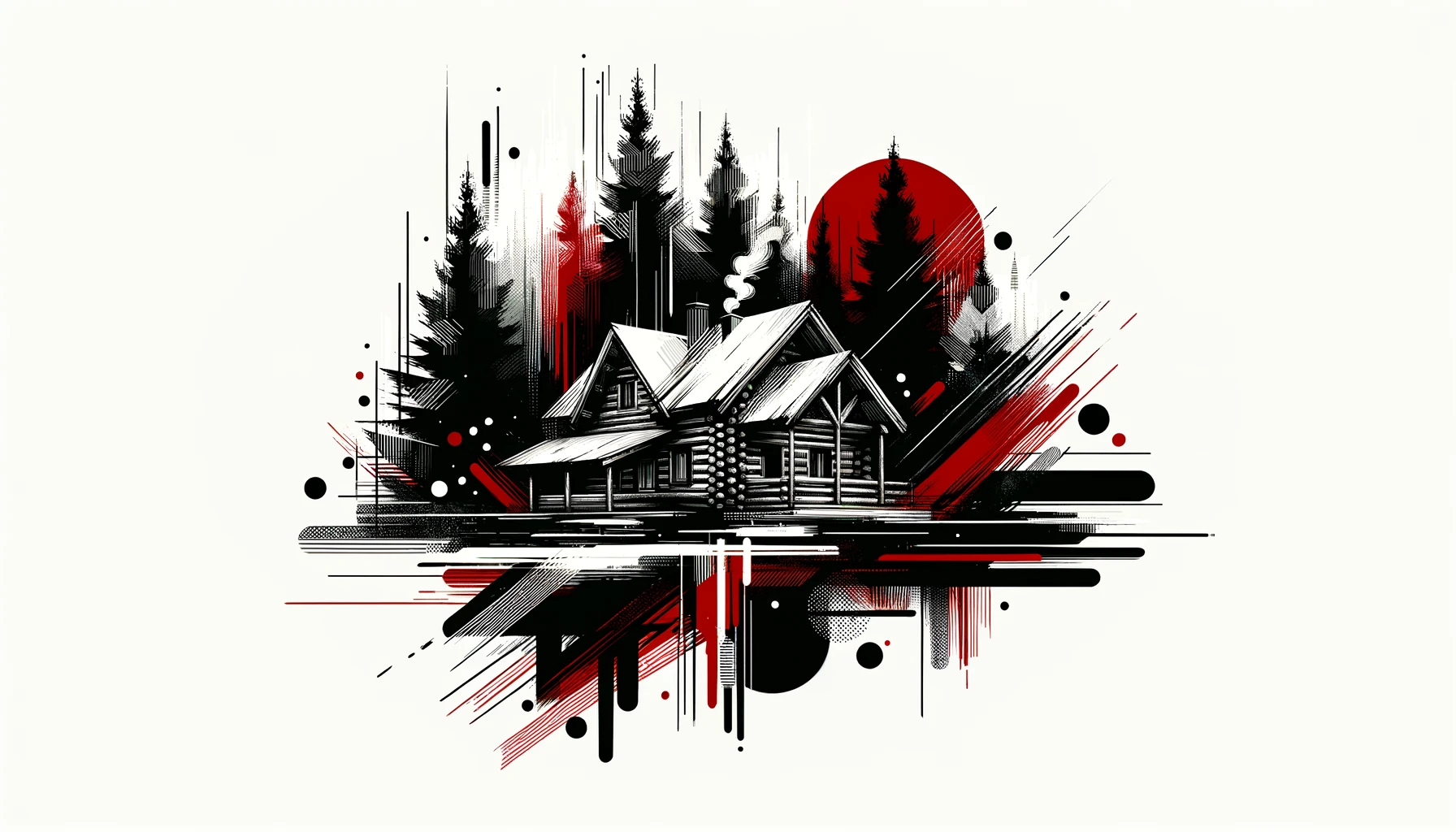 Abstract black and white illustration of a cabin and pine trees with red artistic elements, symbolizing homes with recreational land for sale.