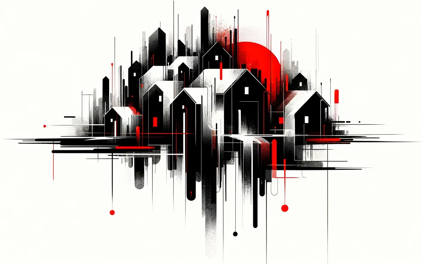 Stylized artistic representation of a housing market with a variety of abstract houses and buildings in a monochromatic scheme with red accents, symbolizing a diverse selection of homes for sale.