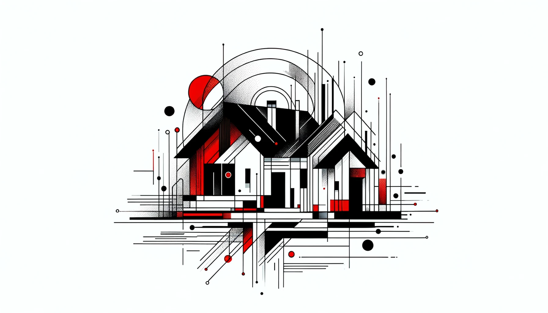 Abstract art of houses for sale featuring geometric shapes and lines in a red and black color scheme.