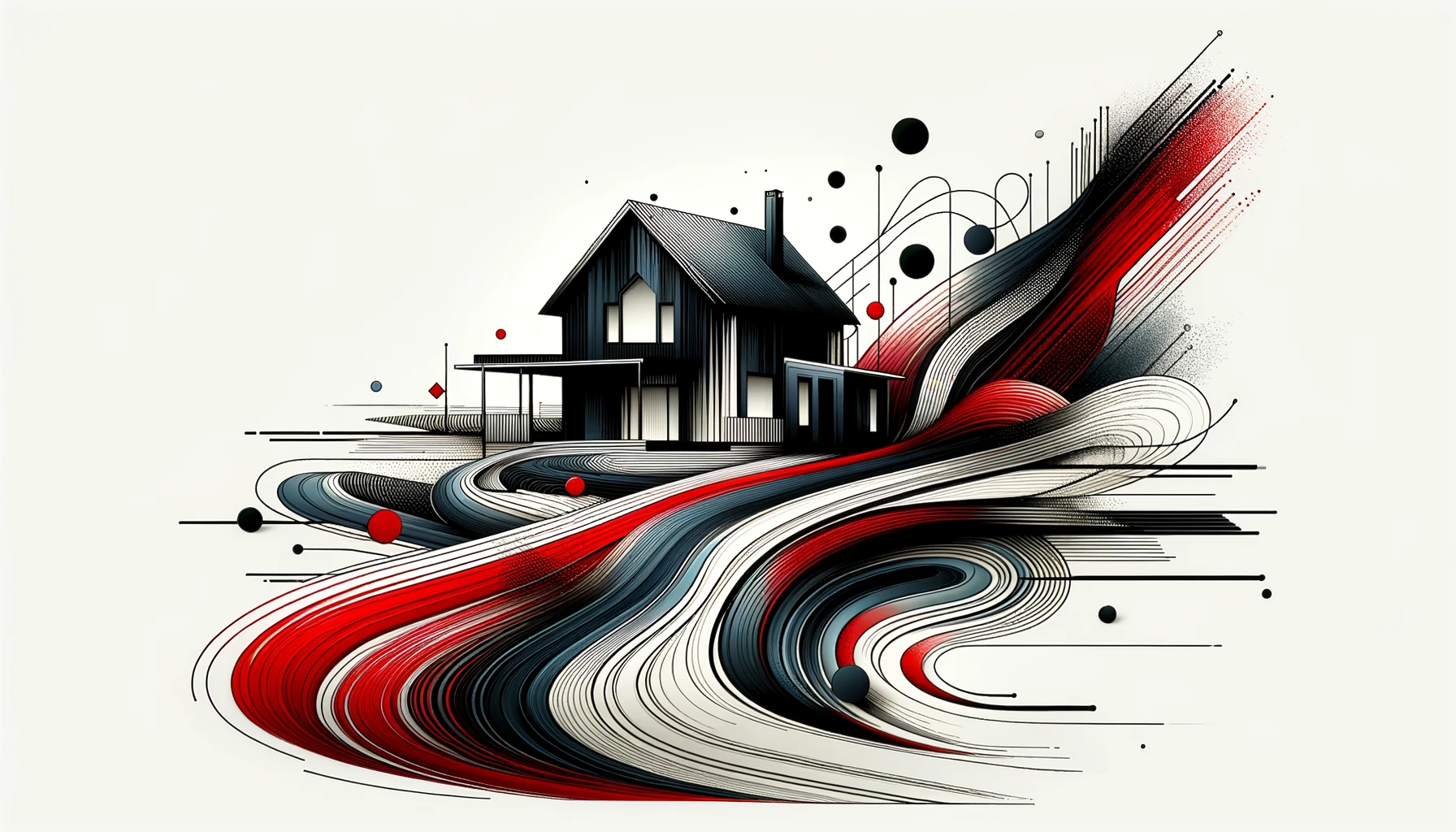 Stylized artistic representation of houses with acreage land for sale, featuring a prominent house amidst abstract, swirling patterns of black, red, and white lines, conveying a sense of spaciousness and movement.