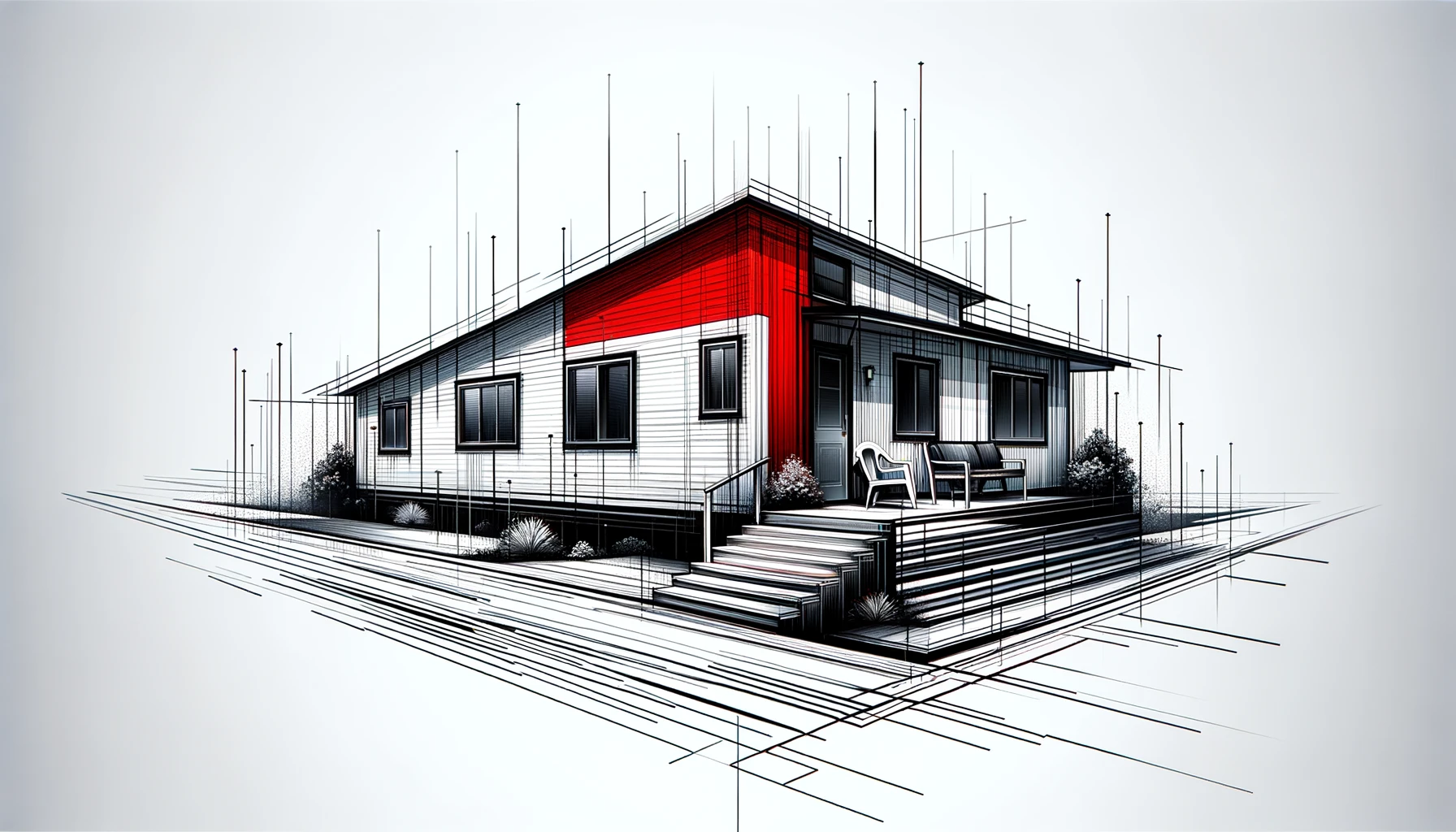 Abstract representation of a manufactured home, with bold black and red lines on a white background, symbolizing modern prefabricated living.