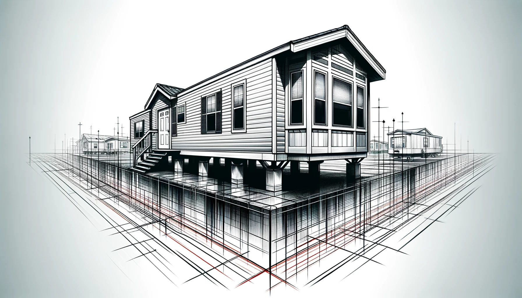 Stylized illustration of a mobile home with black and red architectural lines on a white background, representing the flexibility of homes.