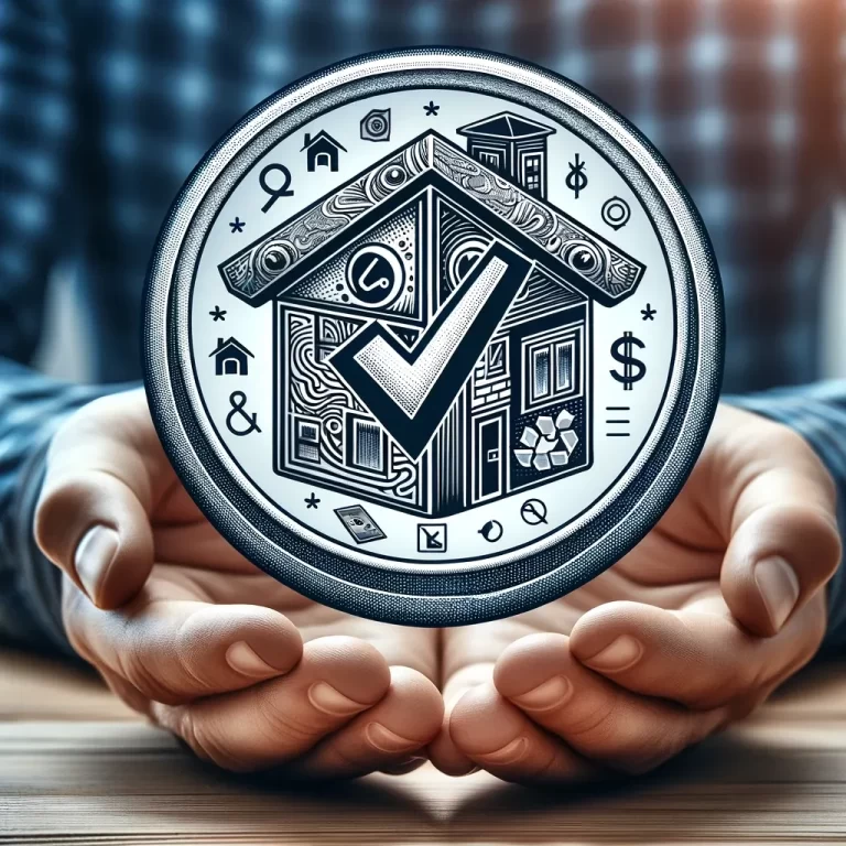 Hands presenting a coin with a house and a check mark emblem surrounded by various real estate symbols on it.