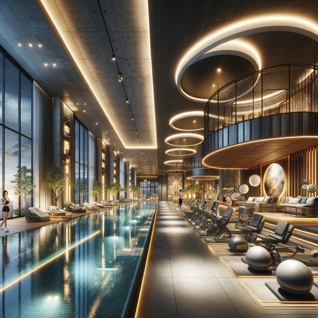 Luxurious state-of-the-art amenities of condo facilities including a high-tech fitness center, an indoor swimming pool with ambient lighting, and a stylish lounge area.