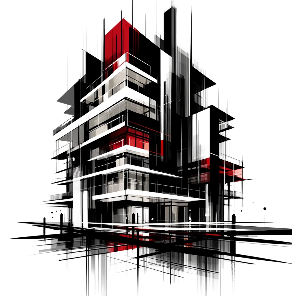An abstract depiction of a condo, illustrated with black strokes and dark red details on a white canvas