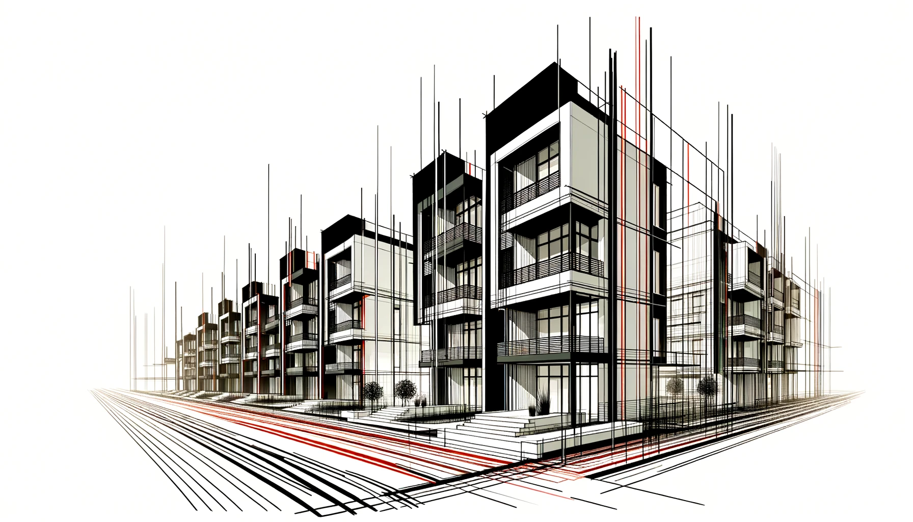 Abstract representation of a row of modern two-level townhouses with bold black and red lines on a white background.