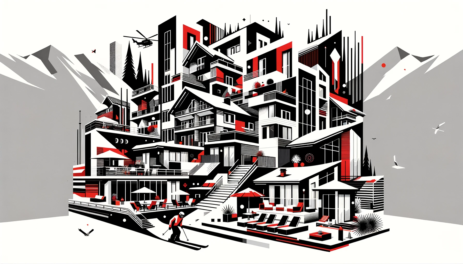Stylized graphic of a vacation timeshare complex with skiers, showcasing modern black and red designs against a mountain backdrop.