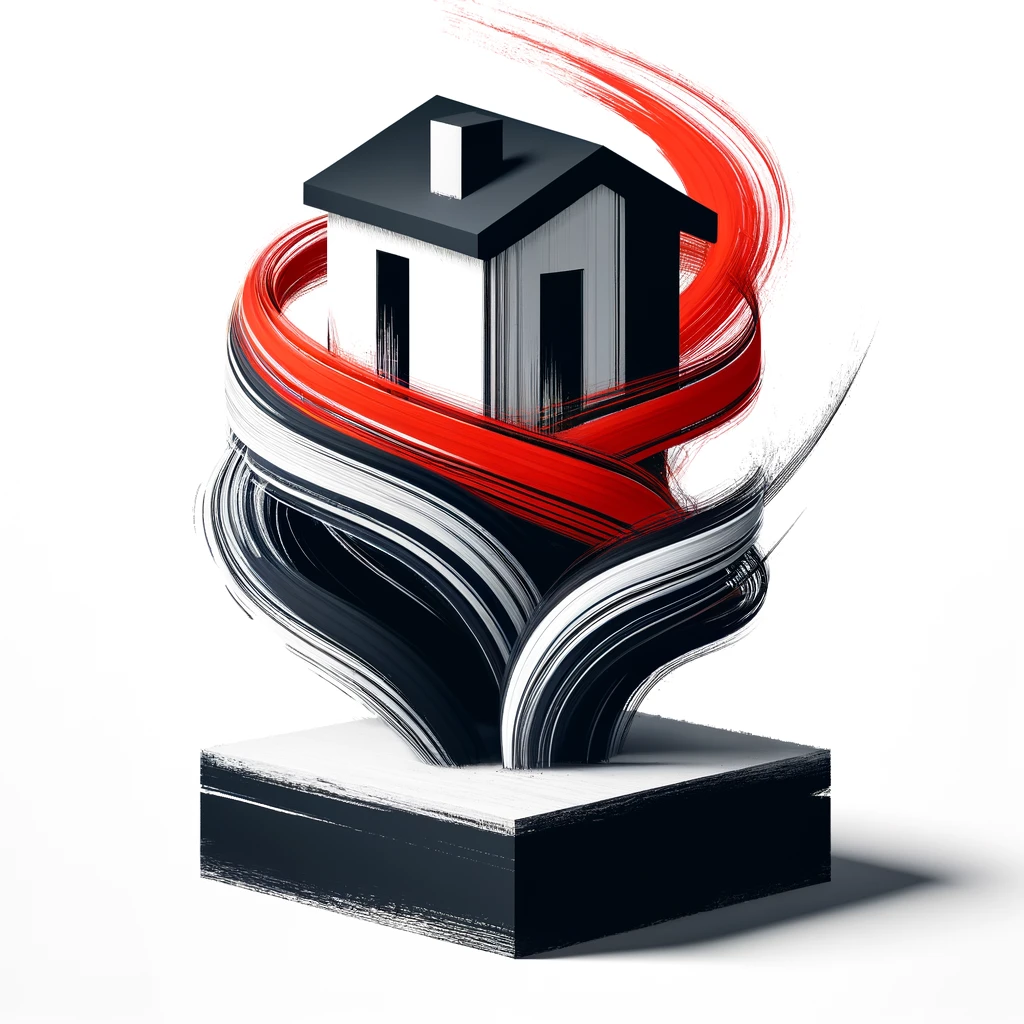 Abstract image on a white background with bold black and red strokes forming a sturdy foundation and a stylized real estate office, symbolizing the robust base and dynamic growth of a career in real estate.