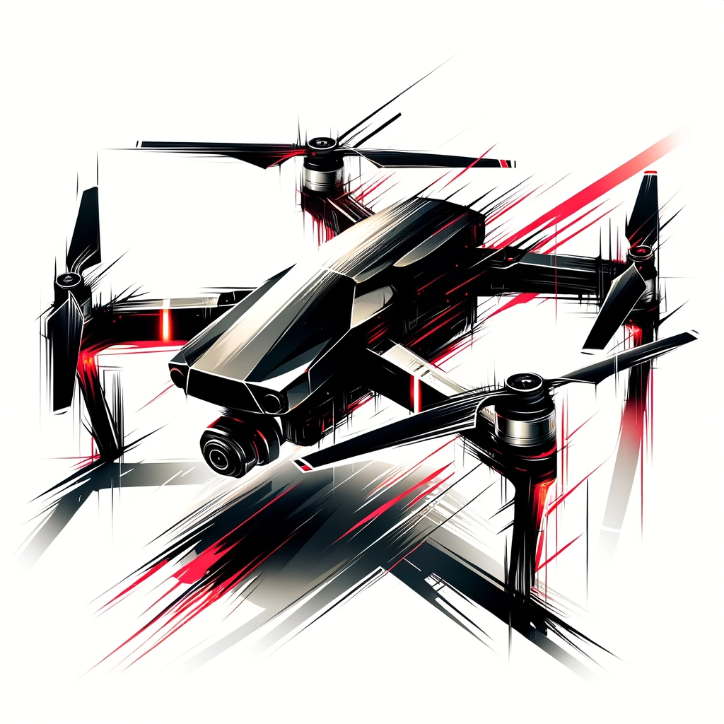 Abstract art of a drone on a white background with bold black lines and red accents.