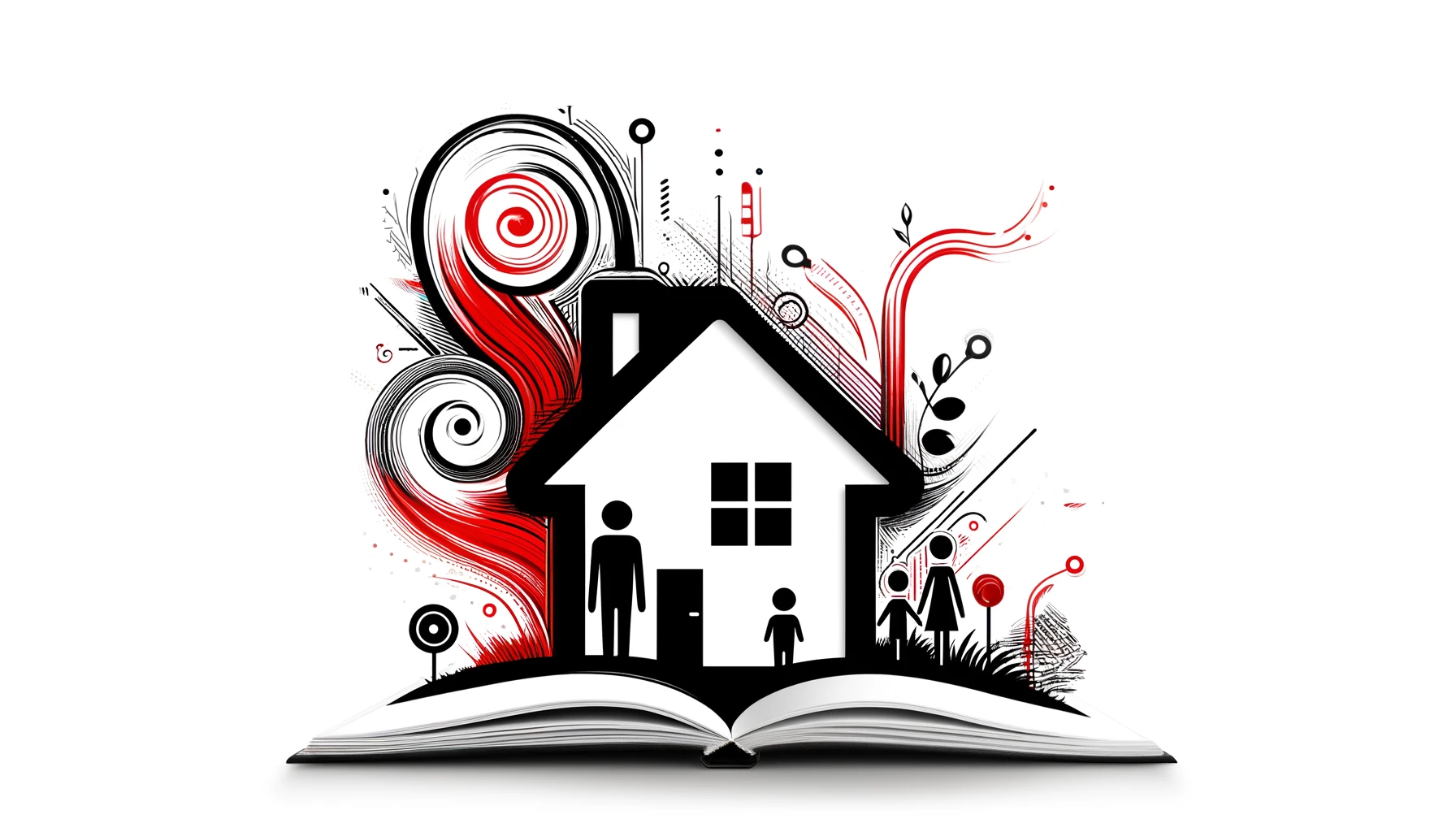 Abstract representation of a 'Guide to Owning a House' depicted with bold black and red strokes showing a house, a yard, and a family on a pure white background.