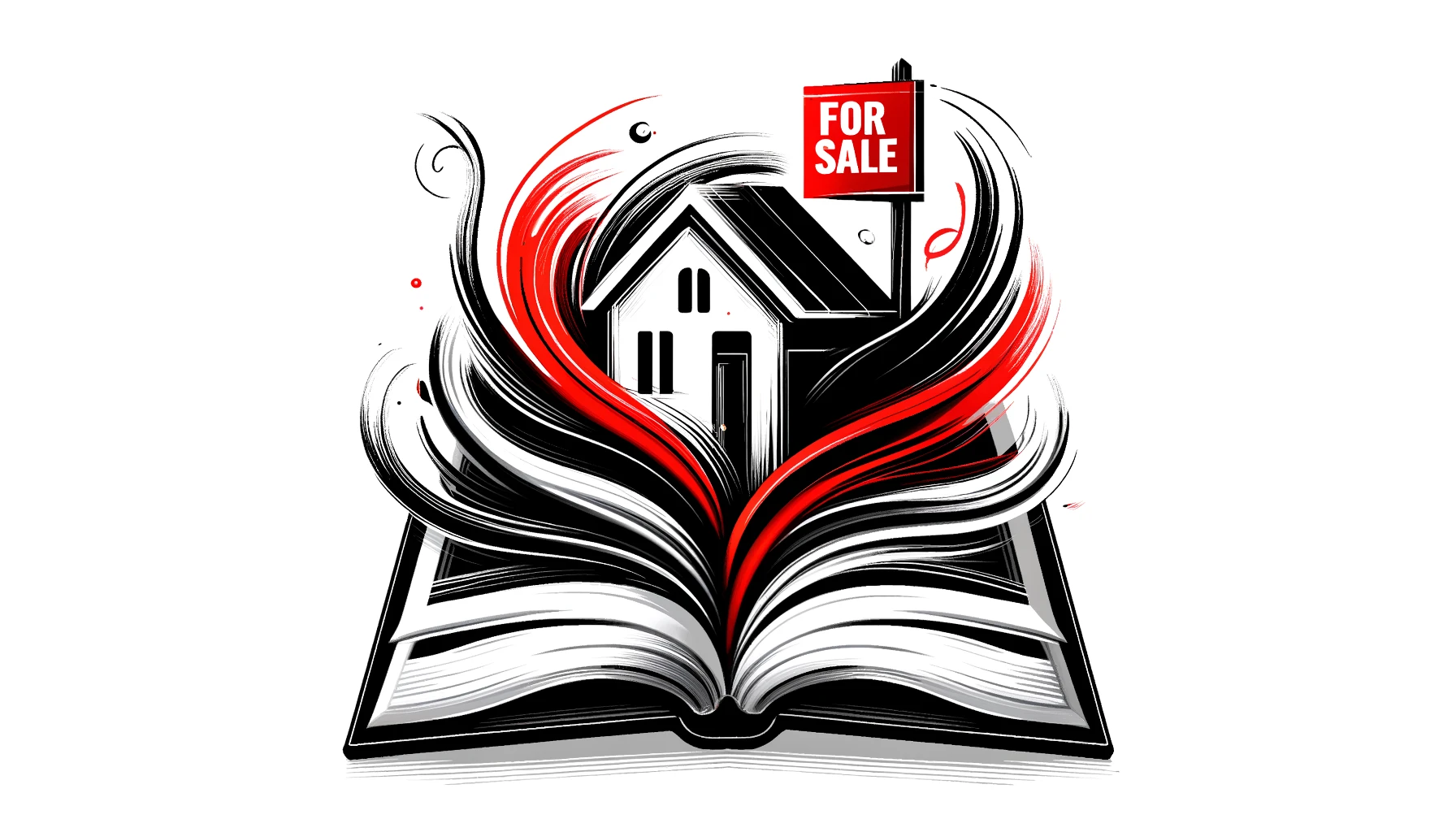 Abstract depiction of an open book with black and red strokes forming a house and a 'For Sale' sign, symbolizing a guide on how to sell my house.