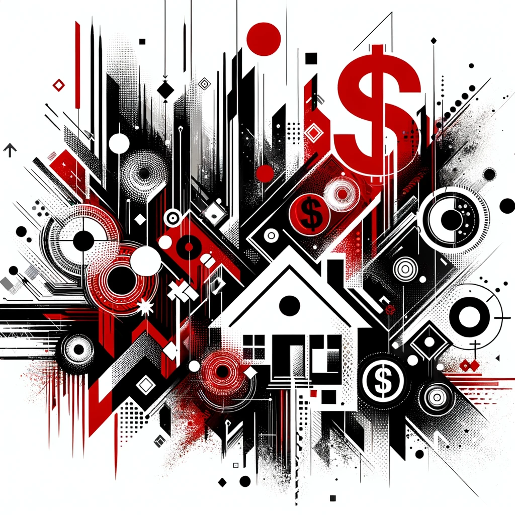 Abstract art representing real estate valuation with bold black and blood red elements on a stark white background, symbolizing buildings and financial transactions.
