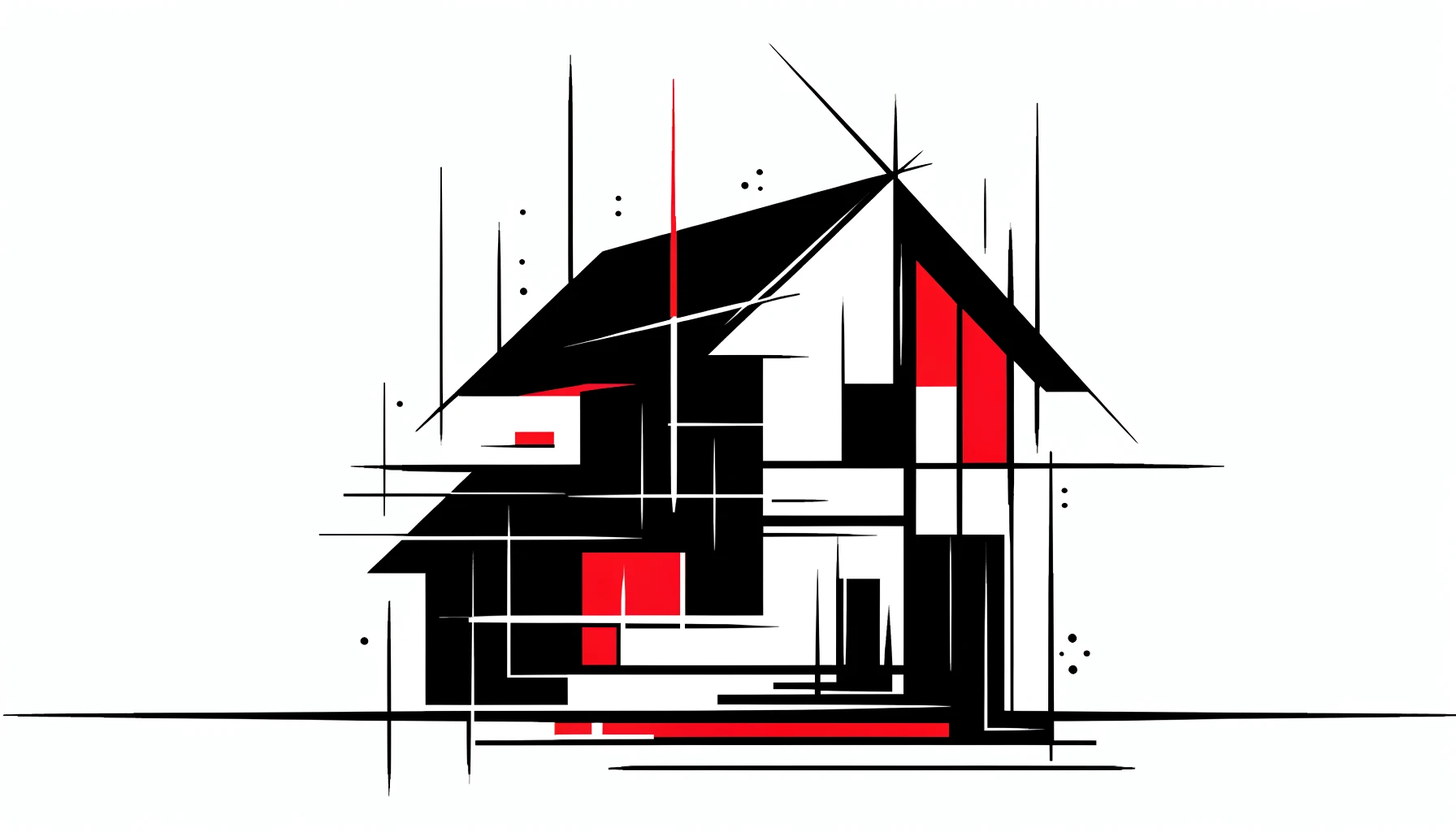 Abstract art featuring a bold black outline of a house with vibrant red accents, symbolizing dynamic and expansive houses.