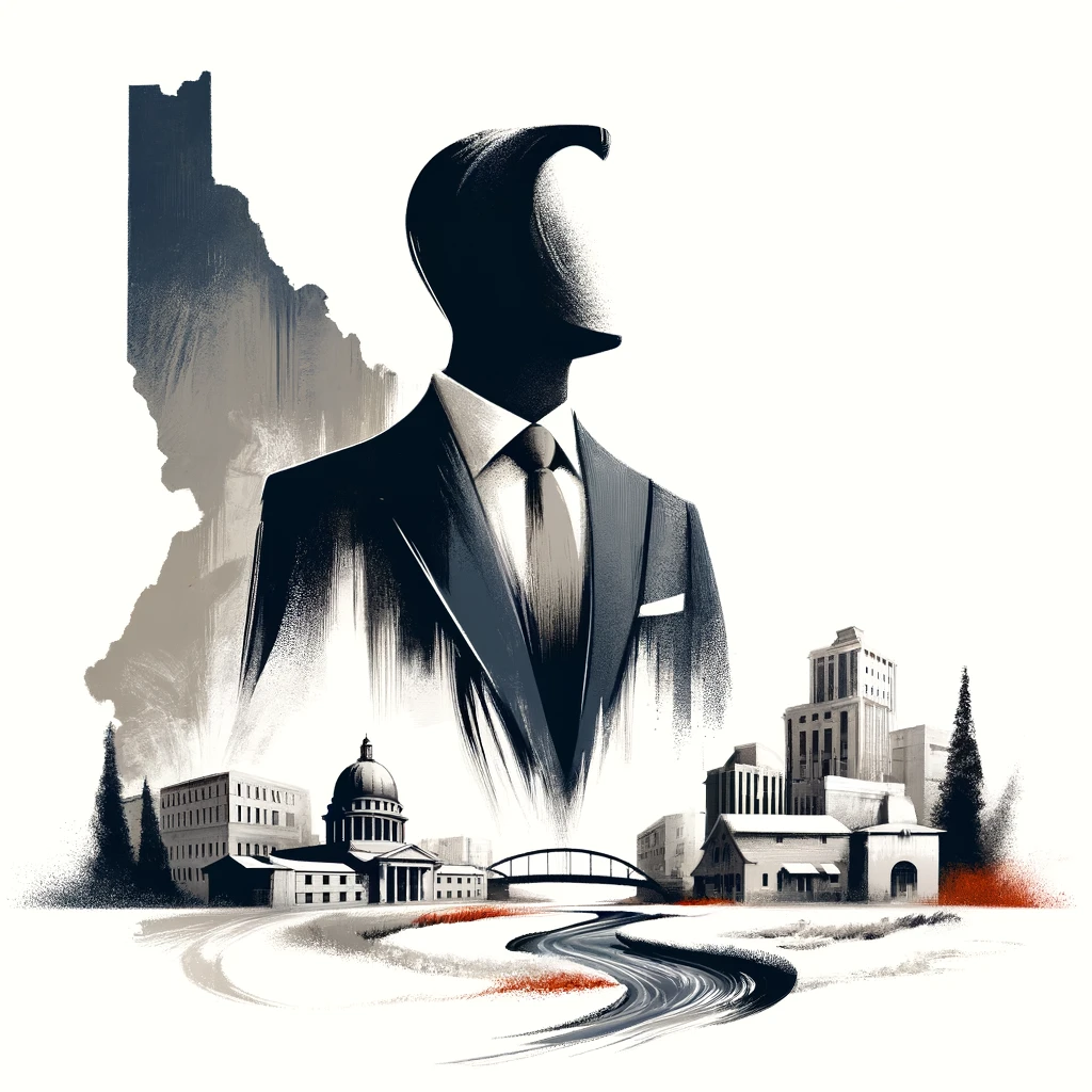 Abstract image featuring a faceless man in a suit, representing leadership, with the shape of Idaho and stylized elements of Twin Falls in the background, symbolizing innovative leadership and community impact.