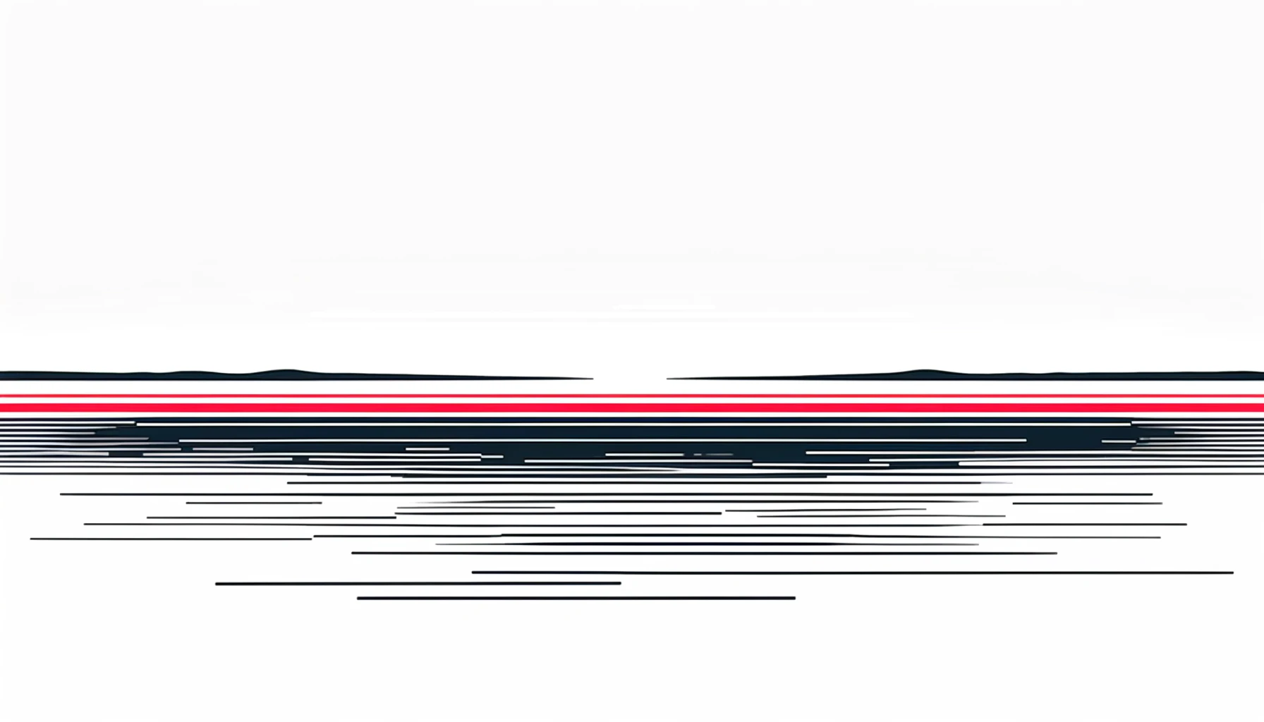 Abstract representation of flat land with bold horizontal black and red strokes on a completely white background, emphasizing simplicity and expansiveness.