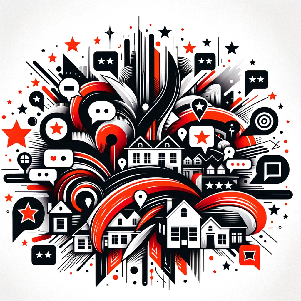 Abstract image featuring bold black and red strokes on a white background, symbolizing various real estate properties and customer feedback for real estate reviews.