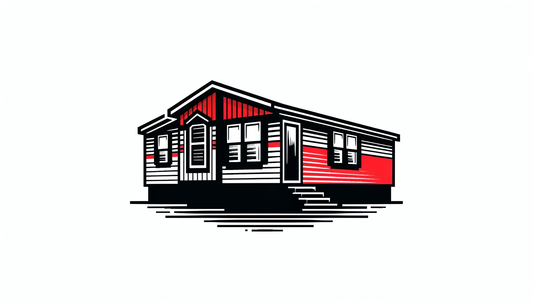 Illustration of a manufactured home with bold black outlines and bright red stripes on a white background.