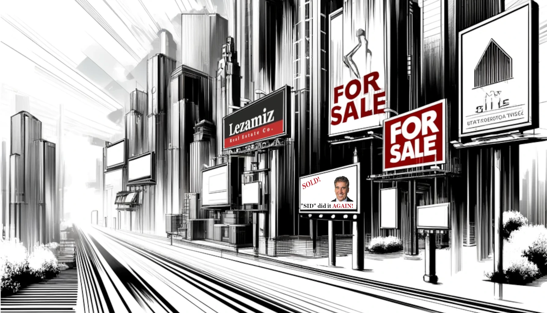 Black and white illustration of an urban commercial street lined with skyscrapers and multiple 'For Sale' signs on billboards and buildings.