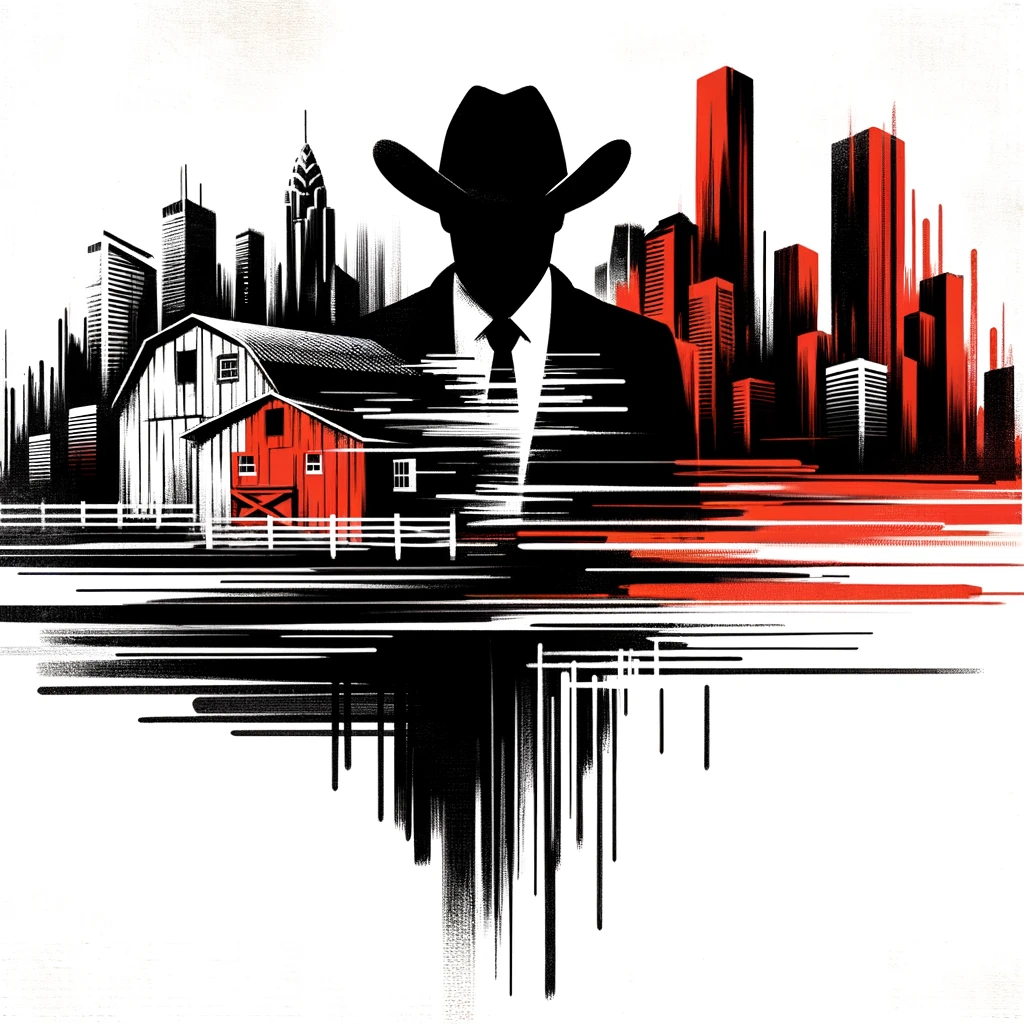 Abstract art showing a transition from a ranch to a big city. The left side features a faceless man in a cowboy hat depicted with black strokes, while the right side shows a city skyline in red strokes with a man in a suit symbolizing the shift from rural to urban life.