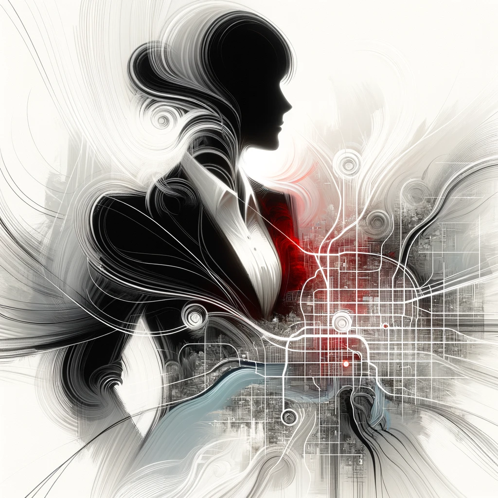 Abstract art depicting a female real estate agent in professional attire, set against a white background with black strokes forming an abstract map of Twin Falls. Key landmarks are subtly highlighted with soft blood red accents, emphasizing the agent's role as a trusted guide in the local market.