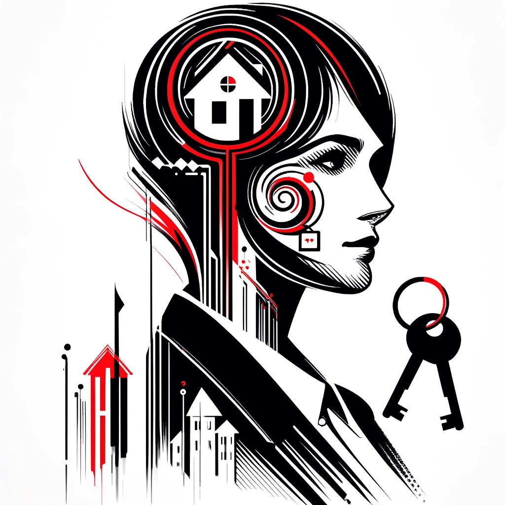 Abstract representation of a 'Guide to Owning a House' depicted with bold black and red strokes showing a house, a yard, and a family on a pure white background.