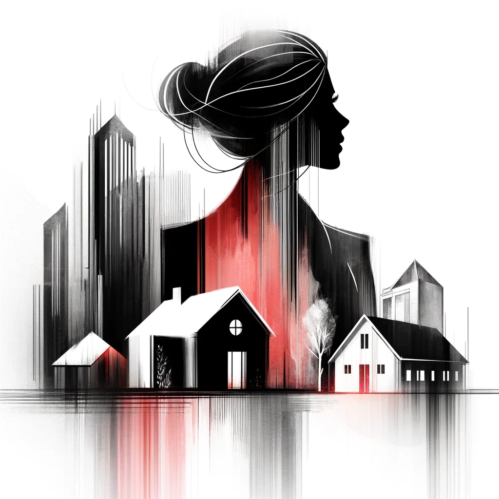 Abstract art on a white background featuring sophisticated black strokes that form silhouettes of houses, commercial buildings, and farms, highlighted with soft blood red accents symbolizing opportunities and openings in real estate.
