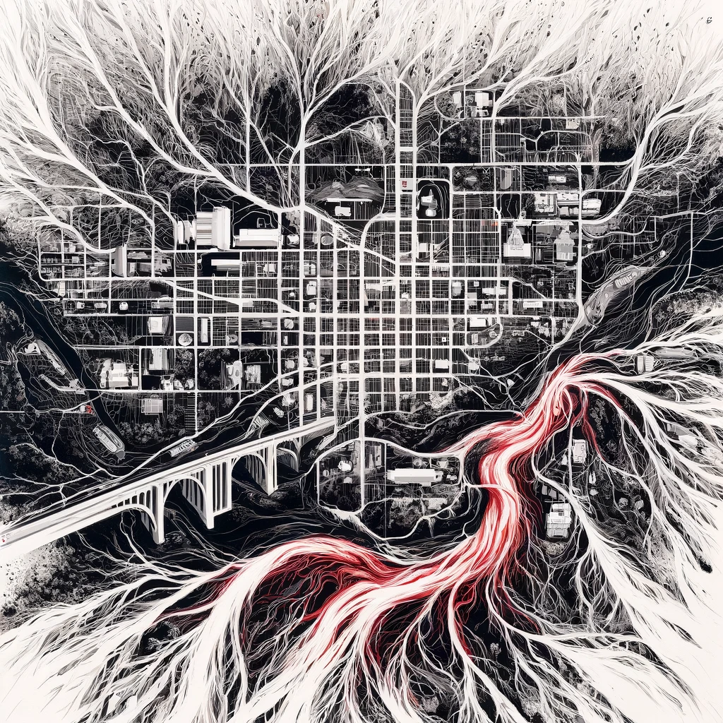 Abstract art featuring a white background with complex black strokes outlining the map-like structure of Twin Falls, Idaho, including landmarks like the Perrine Bridge and Shoshone Falls, highlighted in vivid blood red.