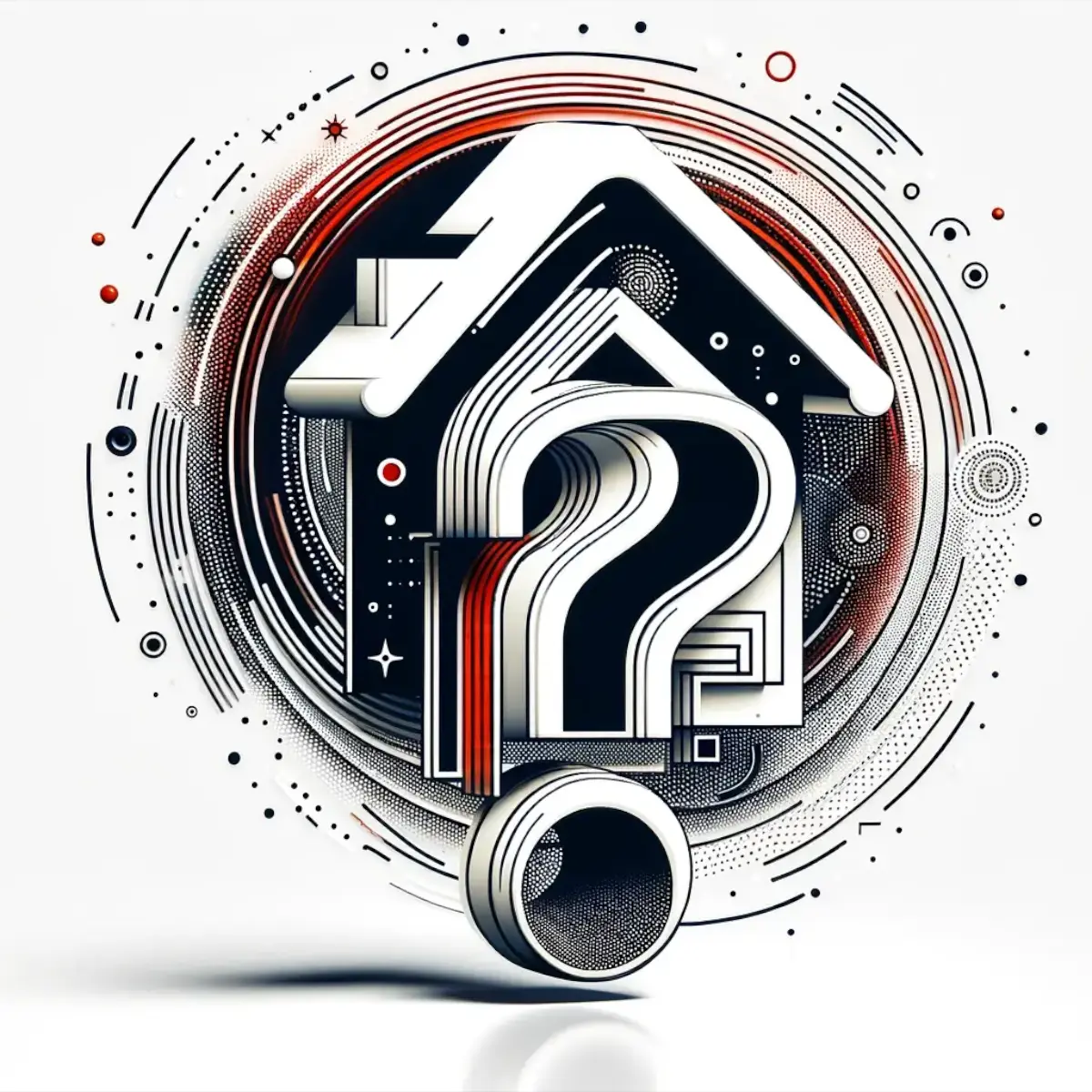 Abstract representation of real estate blog with a house and question mark in white, black, and red.