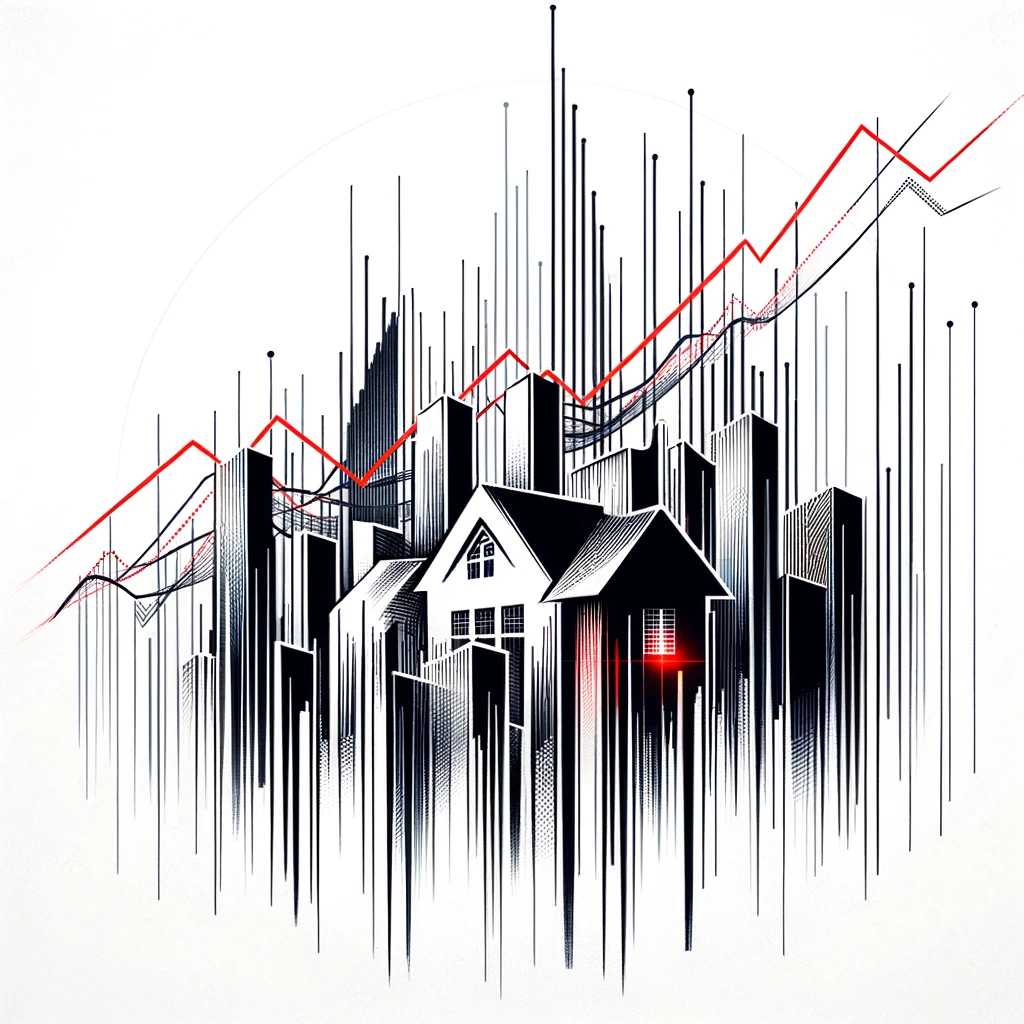 Abstract representation of real estate investment growth, featuring stock market trends with building silhouettes.