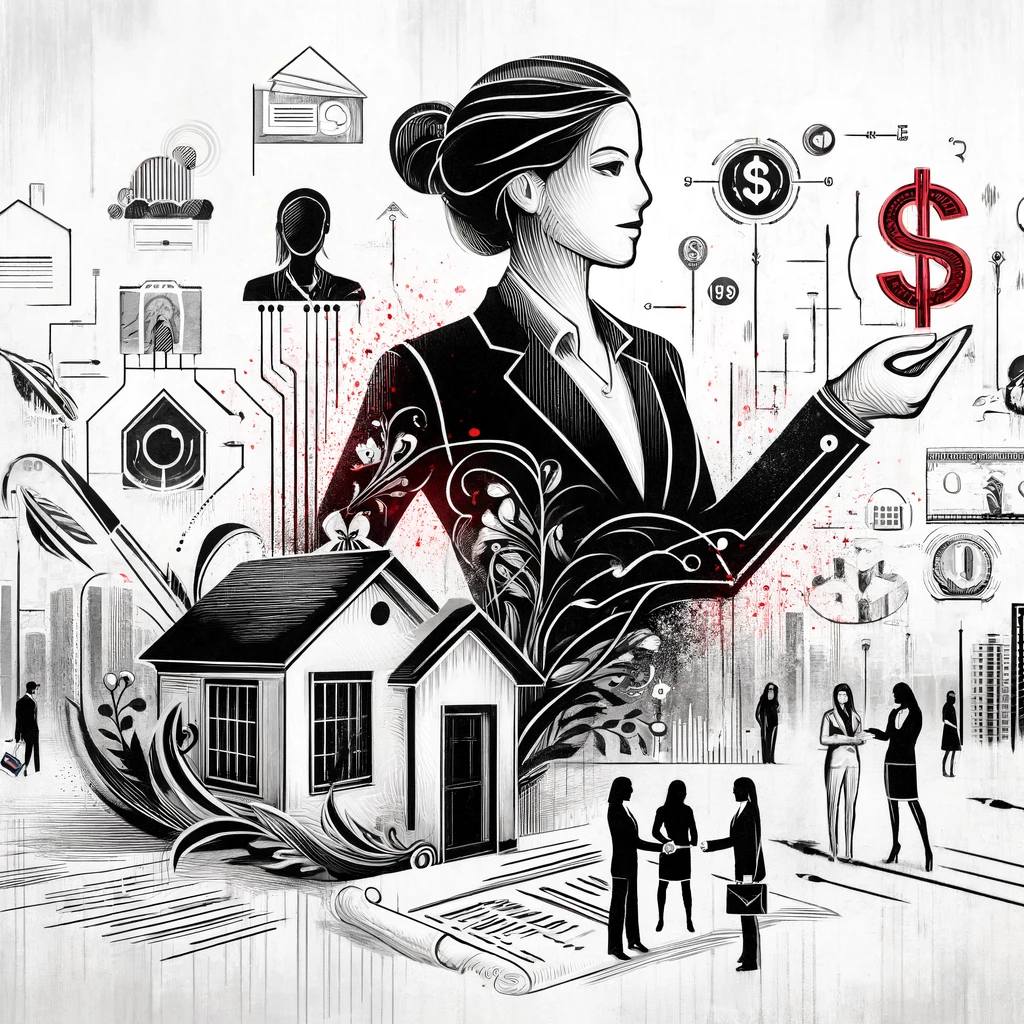 Abstract art on a white background featuring detailed black strokes depicting clients, contracts, dollar symbols, houses, and commercial buildings, with blood red highlights emphasizing key transactional elements like dollar signs and handshakes
