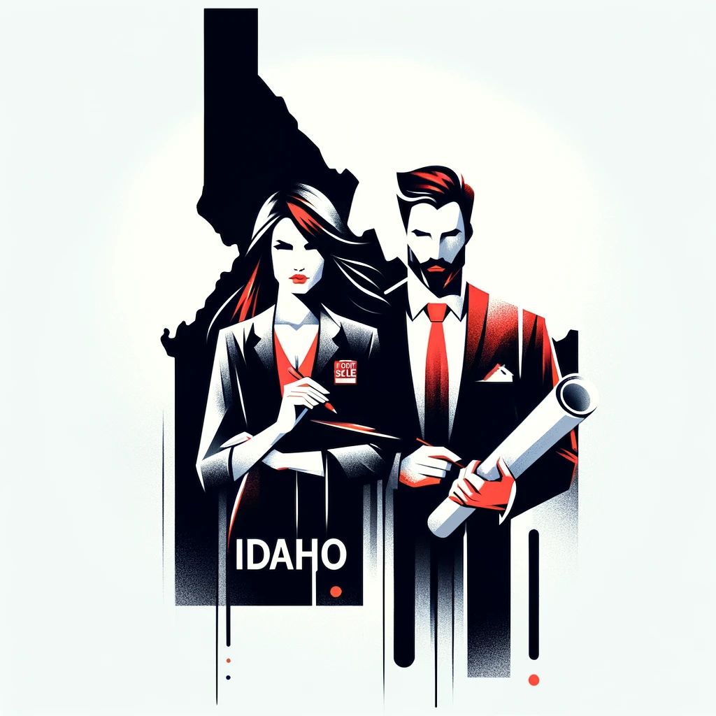 Abstract illustration of a male and female buyer's agent in bold black and blood red, set against an Idaho-shaped background.
