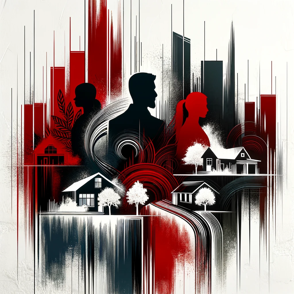 Abstract silhouettes of real estate agents against a background of cityscapes and rural properties, depicted in bold black strokes and red highlights on a white canvas, symbolizing their expertise and dedication.