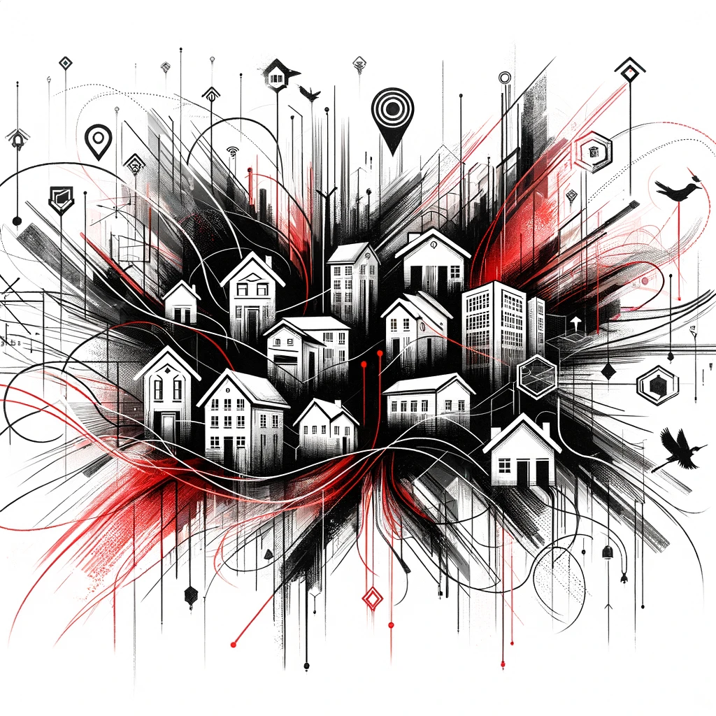 Abstract representation of Multiple Listing Service in real estate with silhouettes of houses, buildings, and retail stores intertwined in bold black and blood red strokes on a white background.