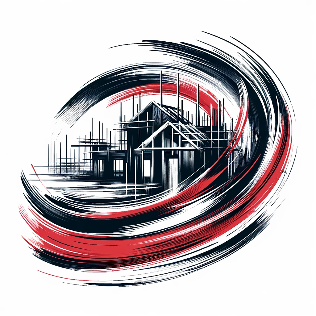 Abstract representation of a house under construction with bold black and blood red strokes on a white background, symbolizing new construction homes.