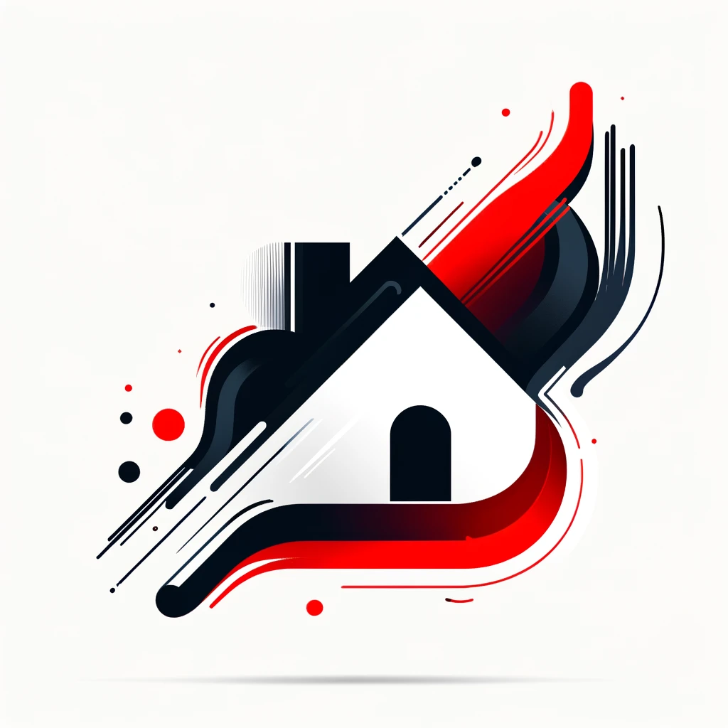 Abstract representation of new home listings with bold black and blood red shapes on a white background, subtly forming the outline of a house.
