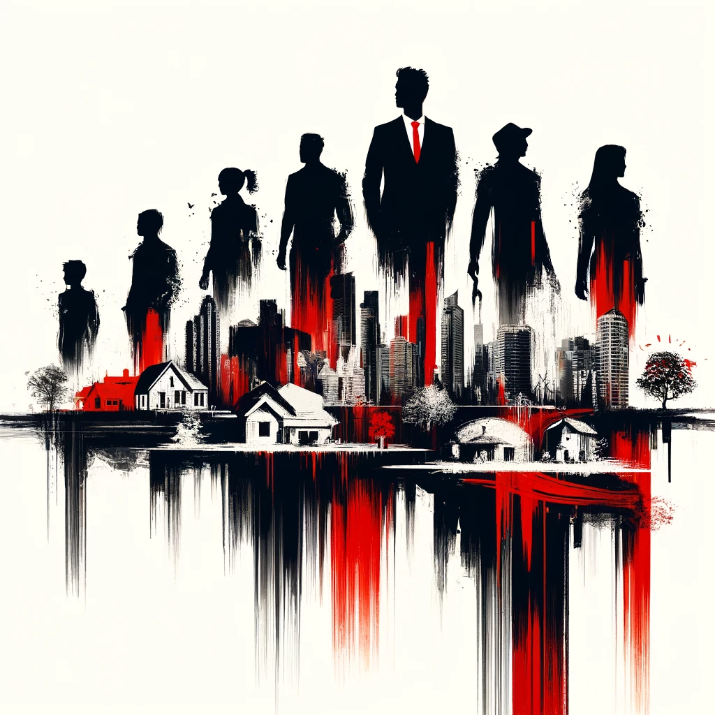 Abstract representation of real estate agents with timelines of their careers depicted through silhouettes against a backdrop of cityscapes and residential areas, highlighted in bold black and red on a white canvas.