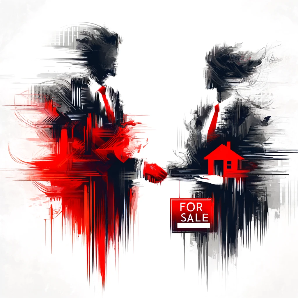 Abstract representation of a seller's agent and a listing agent shaking hands, depicted in bold black and red strokes on a white background, with subtle silhouettes of houses and a 'For Sale' sign.
