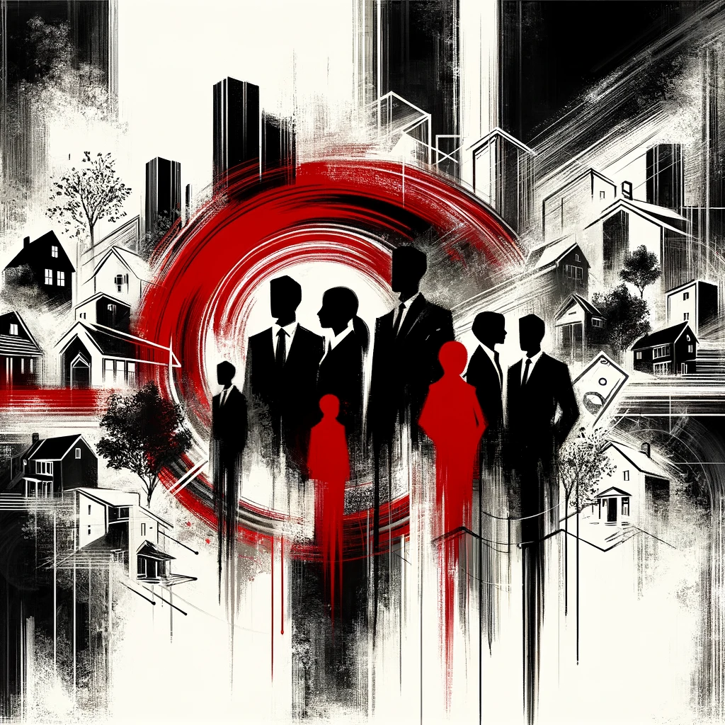 Abstract silhouettes of real estate agents against a background of cityscapes and residential properties, depicted with bold black strokes and red highlights on a white canvas.