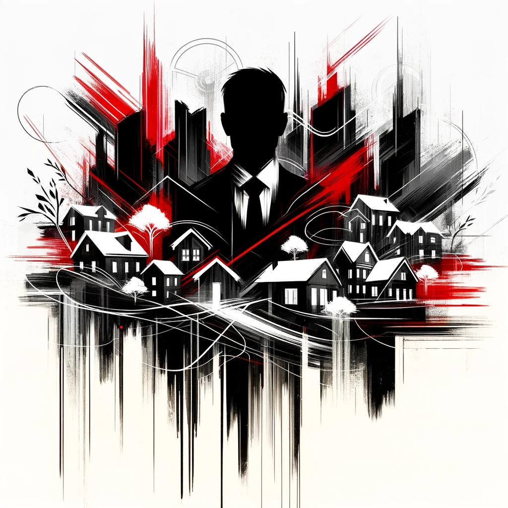 Abstract representation of realtors as silhouettes against a background of cityscapes, farms, and houses, depicted in bold black strokes and red highlights on a white canvas, symbolizing strategic expertise and personalized service.