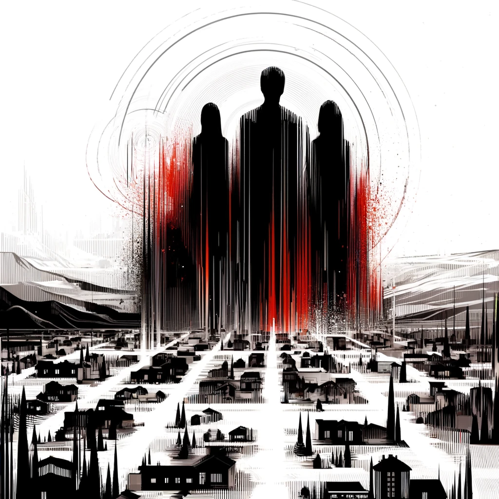 Abstract representation of realtors with silhouettes set against a mixed backdrop of cityscapes and rural landscapes, depicted in bold black strokes and red highlights on a white canvas.