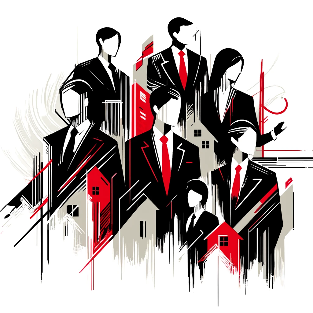 Abstract composition of Twin Falls Realtors in business suits intertwined with urban architecture, rendered in bold black and red on a white background.