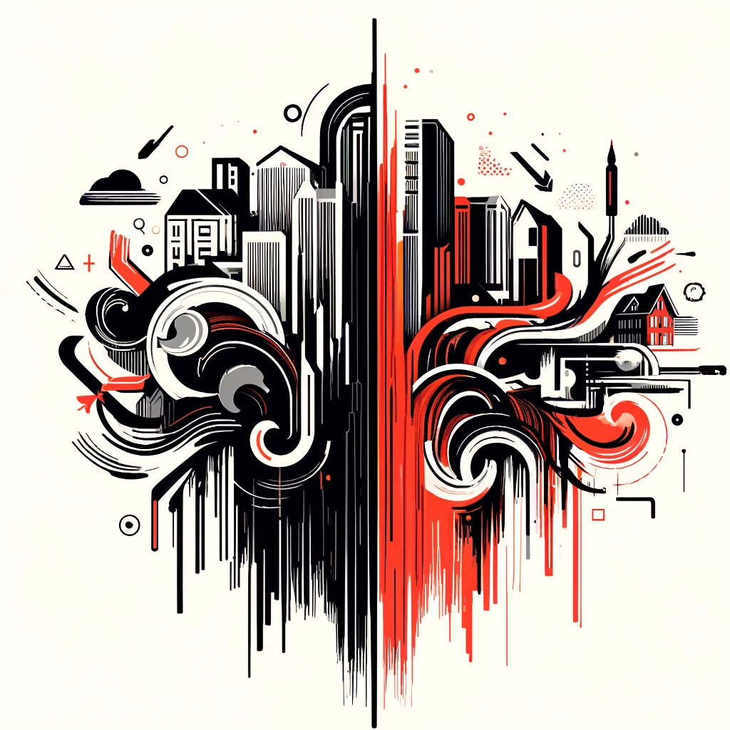 Abstract art depicting the dynamic relationship between real estate brokerage and investment, using bold black and red strokes on a white background.