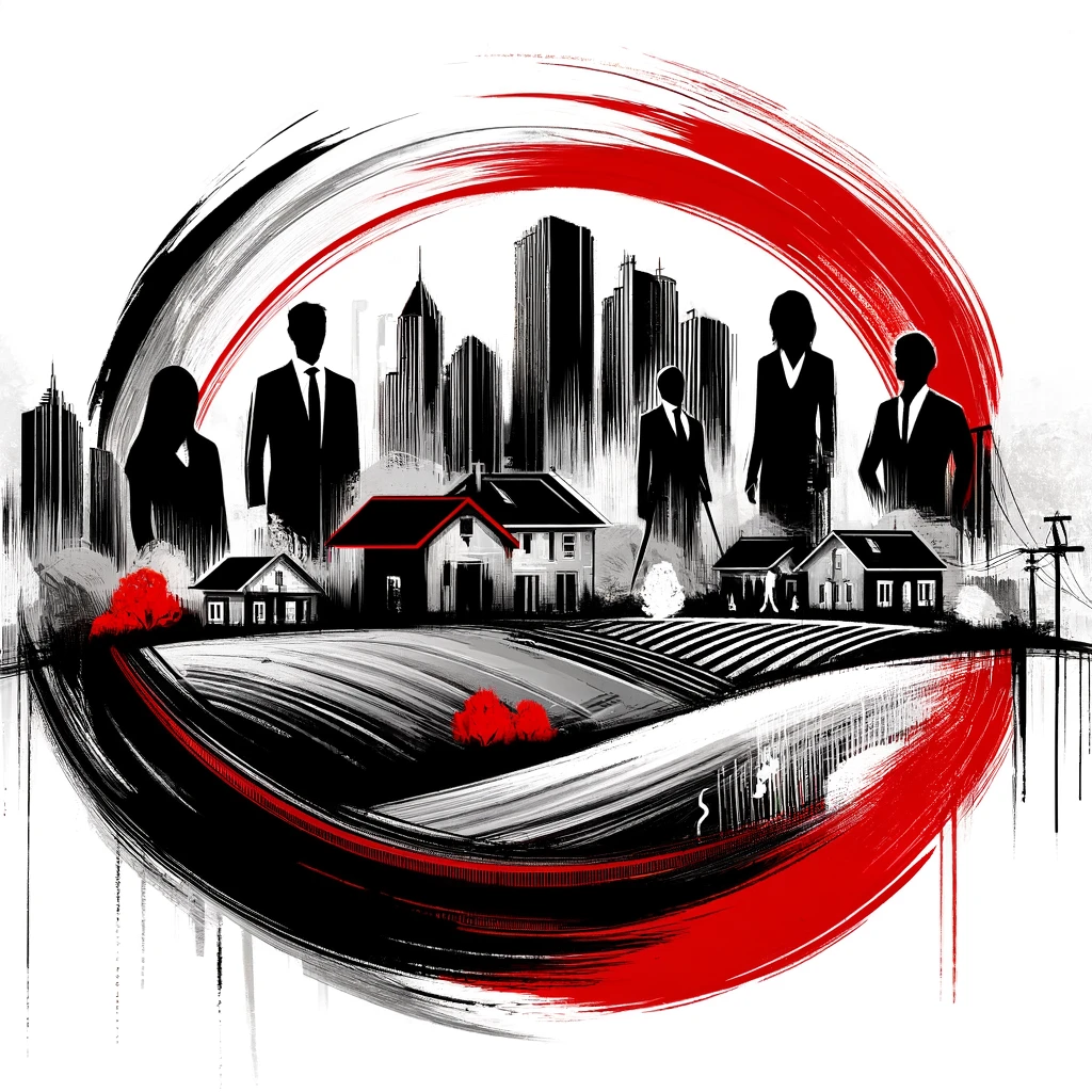 Abstract depiction of diverse real estate agents as silhouettes with a background of cityscapes and residential areas, symbolizing their deep connections within the community.